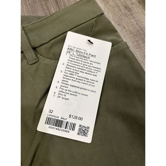 Lululemon ABC Slim-Fit 5 Pocket Pant 34"Utilitech Men’s Size 32 X 34 Green NWT - Picture 10 of 11